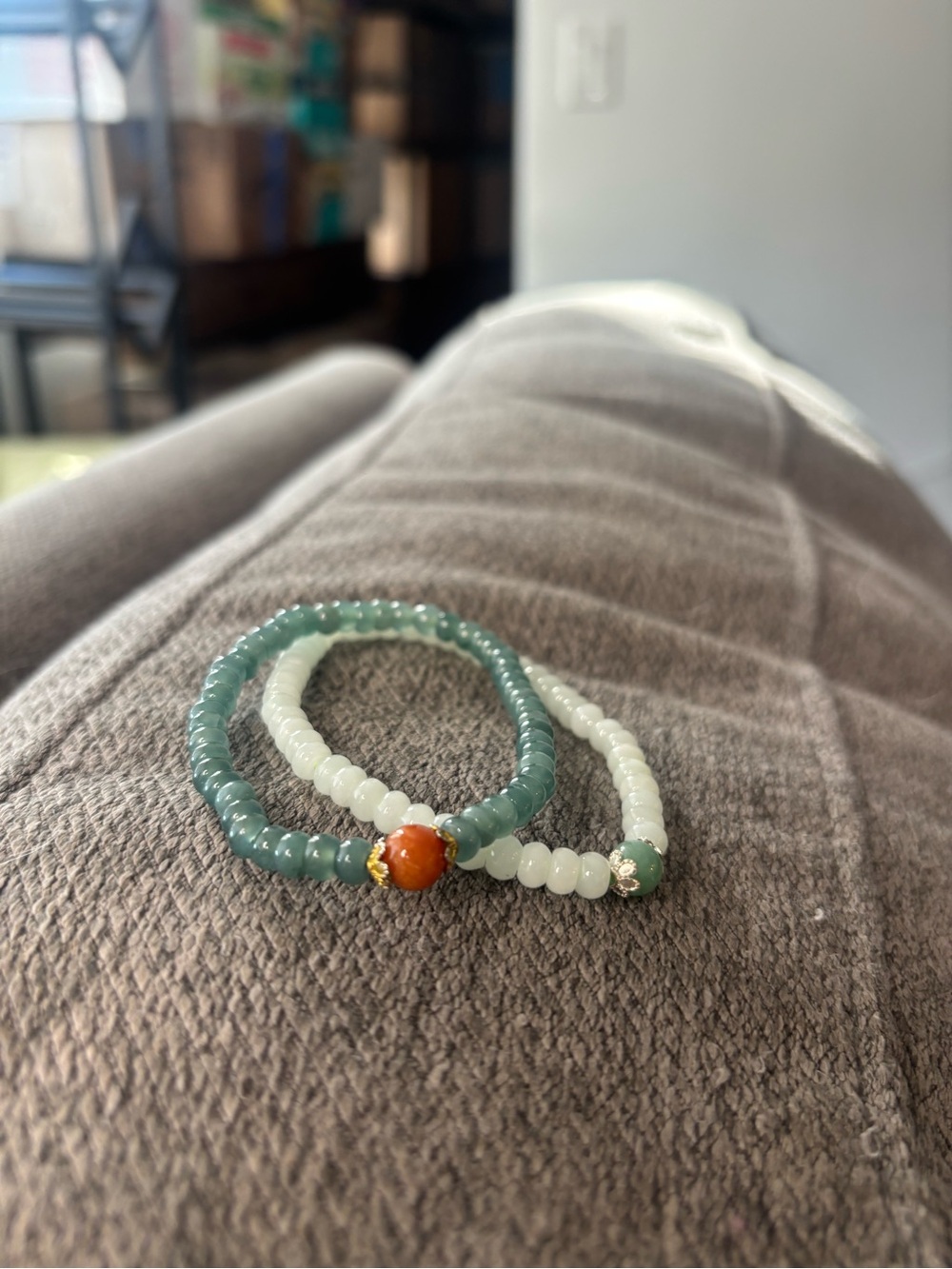 Green and White Jadeite Beaded Stretch Bracelet Set